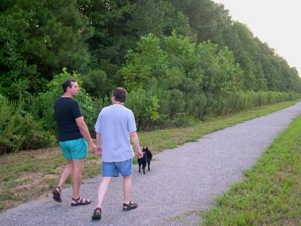 Jeff, Matt and Pasha walk the fitness trail of our York neighborhood, August 2007