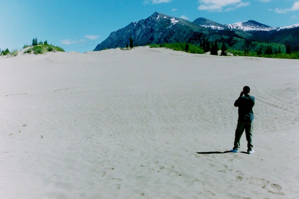 Drew photographs the eerily beautiful Carcross Desert, Yukon, Canada, June 2000