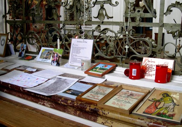 Pilgrims leave notes of thanks for answered prayers at Wieskirche in Bavaria, Germany, August 2005