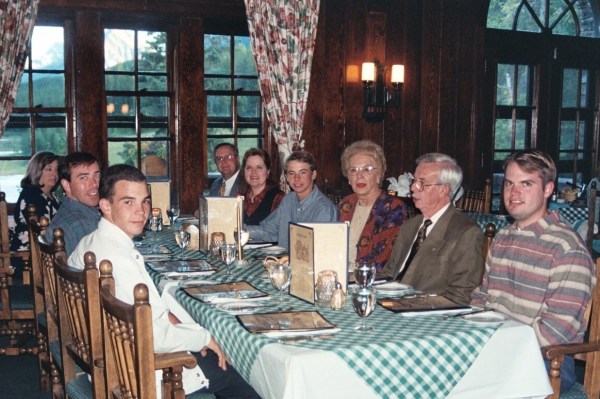 Carla, Jeff, Andy, George, Sherry, Drew, Mama, Daddy and Ryan at the anniversary dinner. Eric and I are taking the photos; Matt is to Carla's left, not visible.