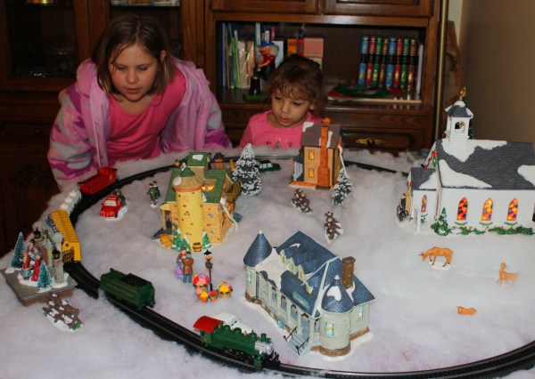 Visiting friends enjoy Tammy's train set, December 2009.