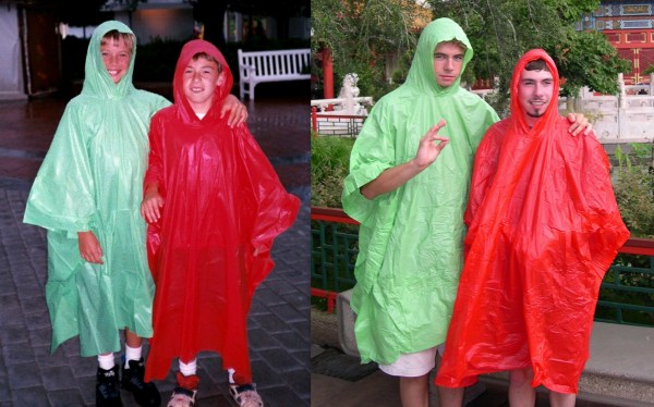 Having fun in the rain, then and now: Drew and Matt at EPCOT Center in 1995 and 2003