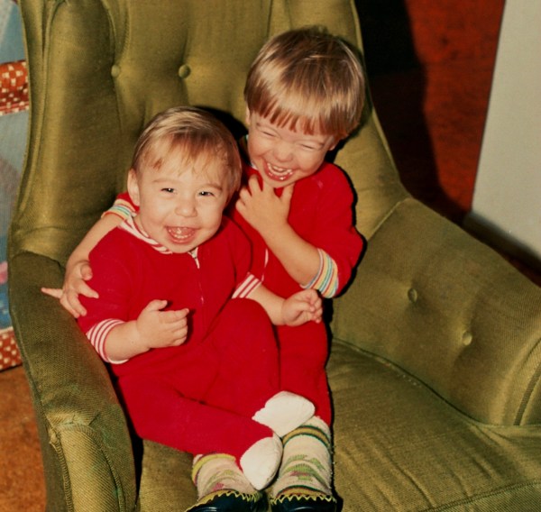 Matt and Drew in 1986, laughing together as they still do so often.