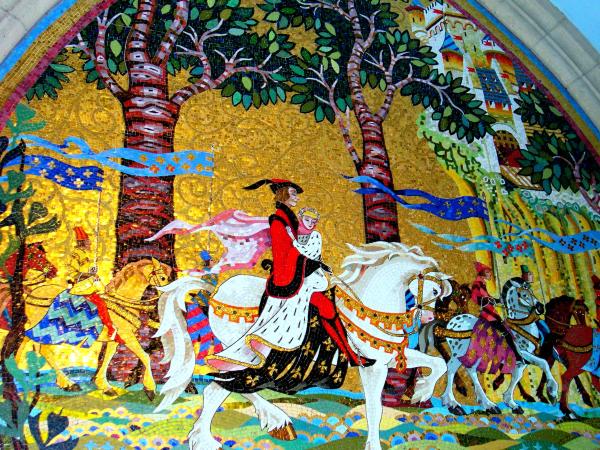 This enormous mosaic of happily-ever-after was created one tiny tile at a time.  Cinderella's castle, Walt Disney World, August 2003