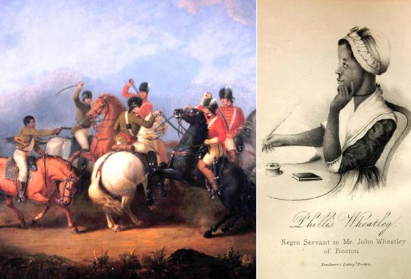 The Battle of Cowpens as depicted by William Ranney, along with a profile of formerly enslaved poet Phillis Wheatley. (Images in the public domain)