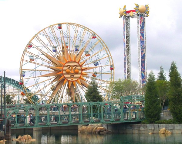 The former Sun Wheel, now restyled as Mickey's Fun Wheel, has moving gondolas. Disney's California Adventure Park, Anaheim, California, April 2003