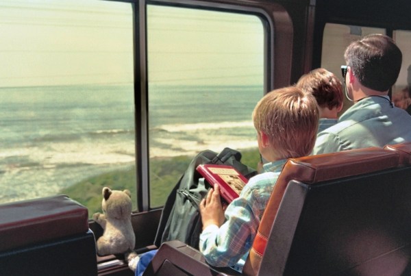 Gludgey joins Drew, Matt and Jeff looking out from the Coast Starlight. Santa Barbara County, California, April 1993