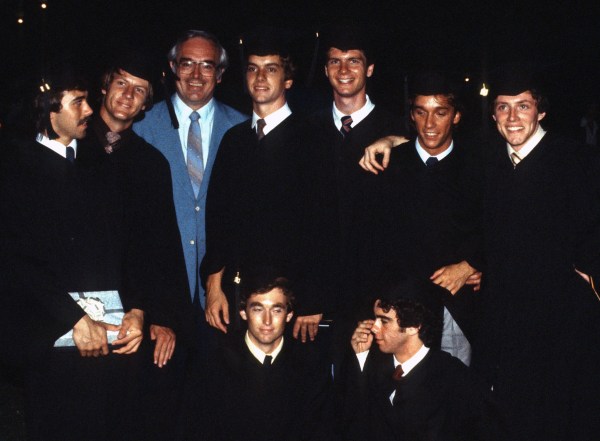 Jeff with college friends and a favorite professor at graduation, Lipscomb University, Nashville, Tennessee, June 1980 BONUS TRIVIA QUESTION: Can you spot the practical joker? The future attorney? The track stars? The other future dentist (besides Jeff)?  The two who came from the same VERY small town?