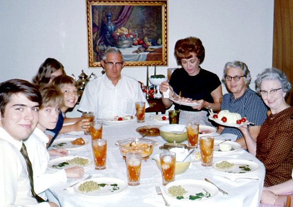 This day was more beautiful than I could have known at the time. Sunday dinner at home with our visiting PaPa and both Grannies, 1969.