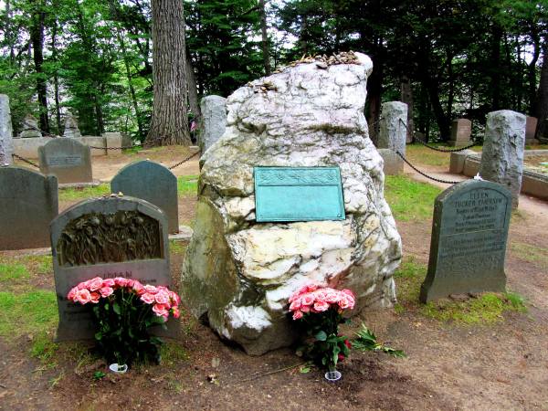 The grave of Ralph Waldo Emerson (center) and family members, Sleepy Hollow Cemetery, Concord, Massachusetts, June 2012