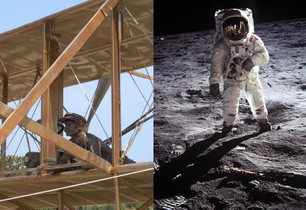 I took the first photo at the Wright Brothers Memorial at Kill Devil Hills, North Carolina, August 2006. The second photo is a public domain image from NASA.