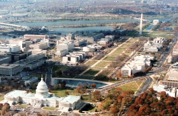 This 2007 photo gives a bird's-eye view of the National Mall and most of the Smithsonian. The museums lie along the corridor between the Capitol and the Washington Monument. Public domain photo by the Architect of the Capitol's Office, via Wikimedia Commons