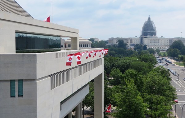 All that clanging requires diligent maintenance and occasional restoration. The Canadian Embassy and the U. S. Capitol, seen from the Newseum Washingon DC, July 2015