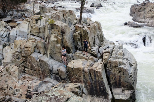 These hikers chose the adventurous path over the convenient sidewalks. Kelly and I admired their skill as we took the convenient path at Great Falls, April 2015