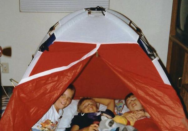 Drew and Matt with their friend Chris in the same tent seen above. Oahu, Hawaii, 1993